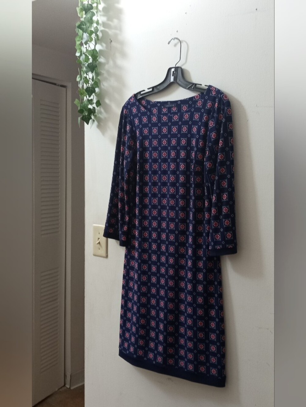 Tommy Hilfiger Navy Blue Long-Sleeve Printed Shift Dress